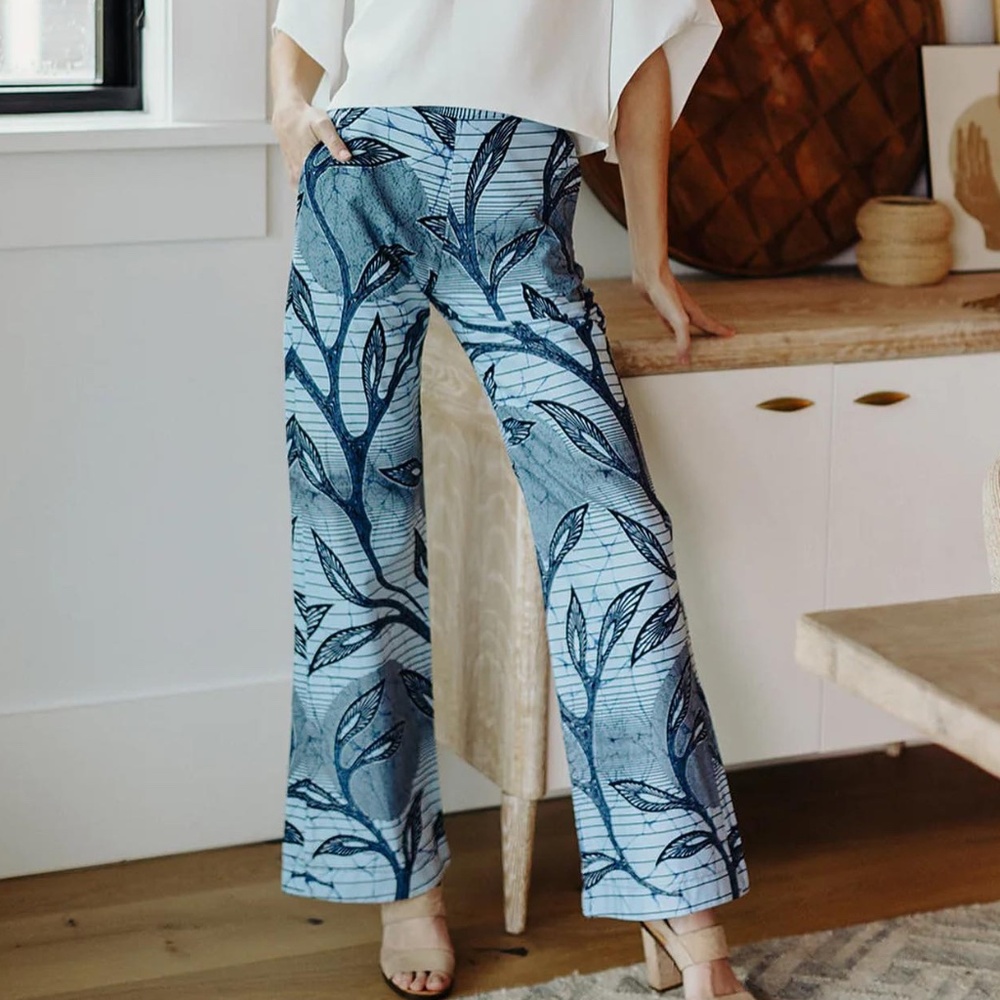 Francis + Benedict Cha Wide Leg Pants Blue Print Cotton XS